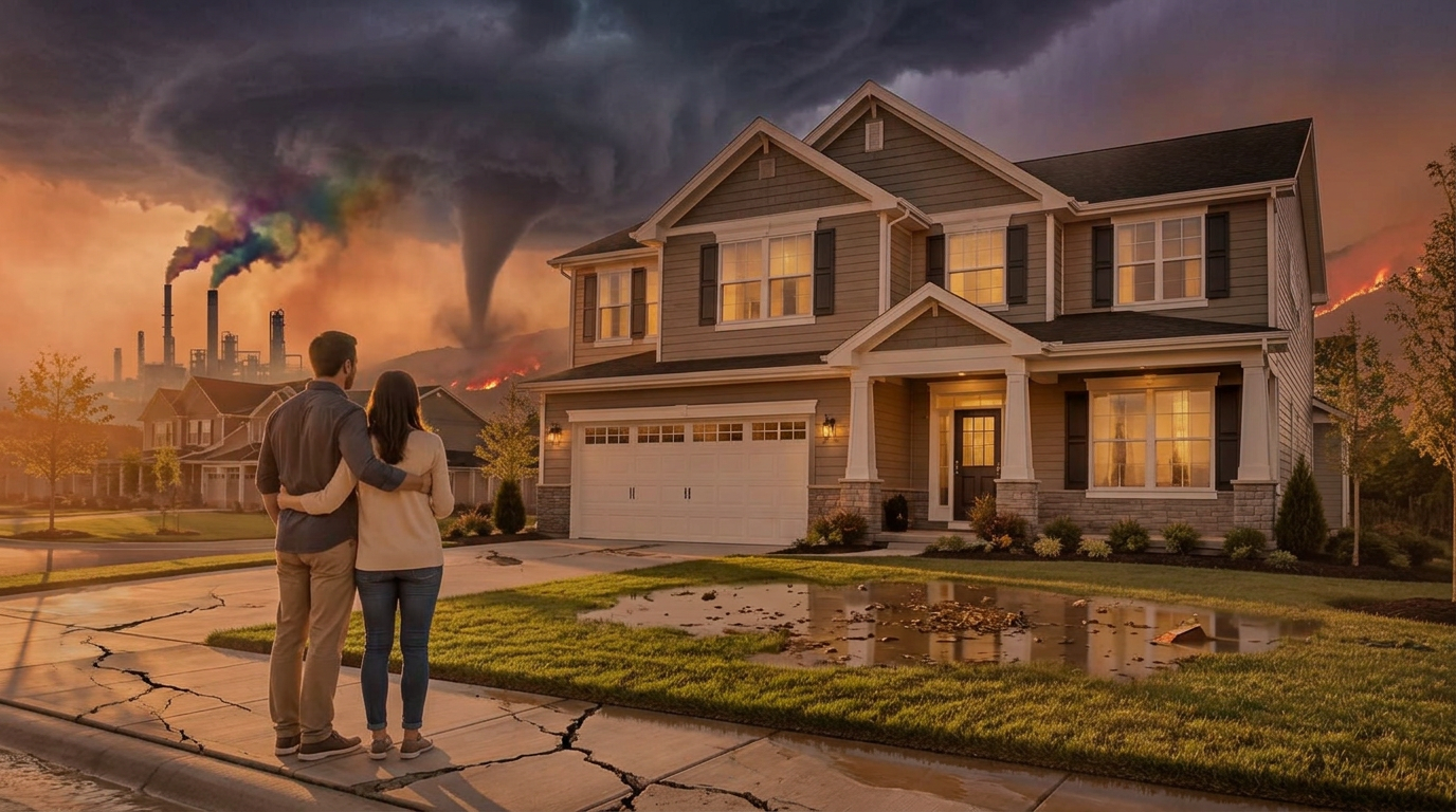 The same house revealing wildfire, flooding, a tornado and a chemical plant