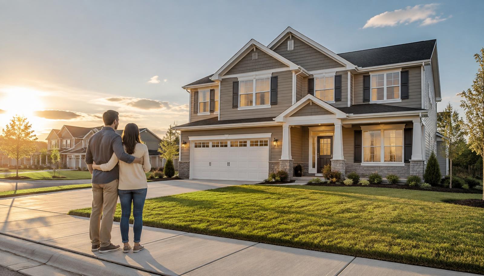 A couple admiring a beautiful suburban house